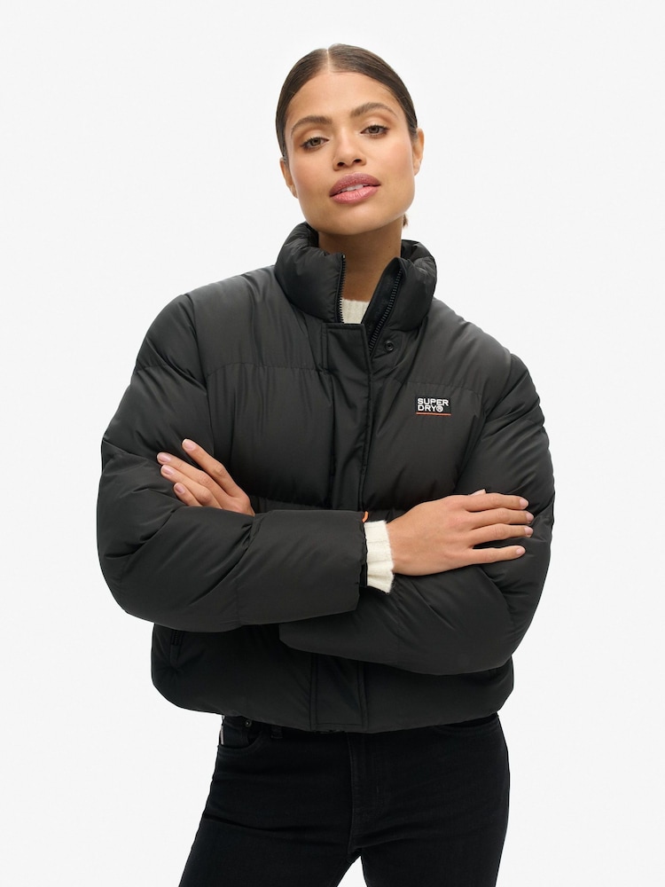 Superdry Black Sports Puffer Cropped Jacket - Image 1 of 5