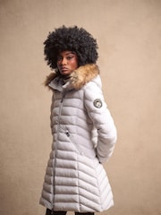 Superdry Moonlight Grey Fuji Faux Fur Hood Padded Mid Length Jacket - Image 1 of 10