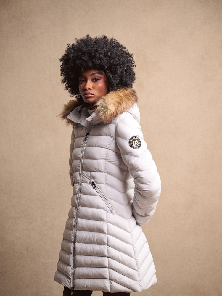 Superdry Moonlight Grey Fuji Faux Fur Hood Padded Mid Length Jacket - Image 1 of 10