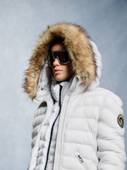 Superdry Moonlight Grey Fuji Faux Fur Hood Padded Mid Length Jacket - Image 2 of 10
