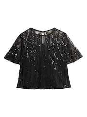 Superdry Black Sheer Short Sleeve Sequin Top - Image 5 of 5