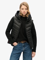 Superdry Black Hooded Fuji Quilt Padded Gilet Jacket - Image 1 of 8