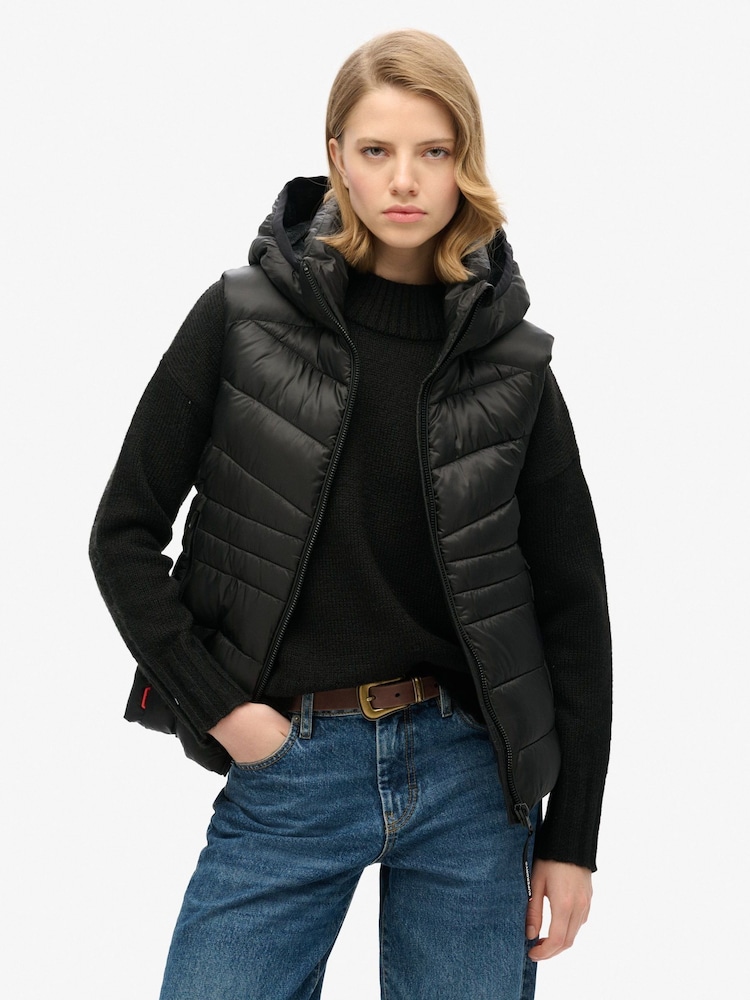 Superdry Black Hooded Fuji Quilt Padded Gilet Jacket - Image 1 of 8