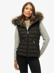 Superdry Black Fuji Faux Fur Hooded Gilet - Image 1 of 5