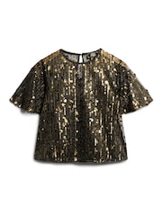 Superdry Gold Sheer Short Sleeve Sequin Top - Image 4 of 5