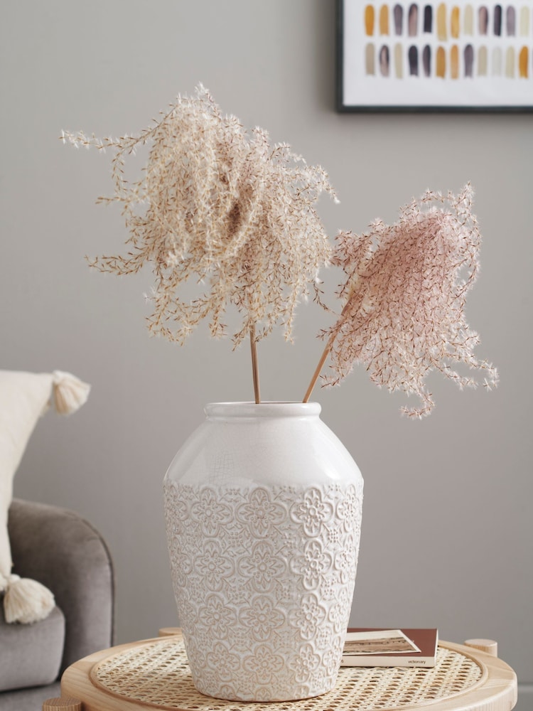White Tile Embossed Medium Ceramic Vase - Image 1 of 5 White Tile Embossed Medium Ceramic Vase - Image 1 of 5