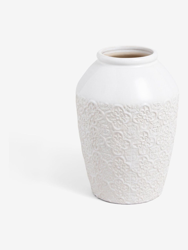 White Tile Embossed Medium Ceramic Vase - Image 4 of 5