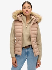Superdry Winter Taupe Fuji Faux Fur Hooded Gilet - Image 1 of 5