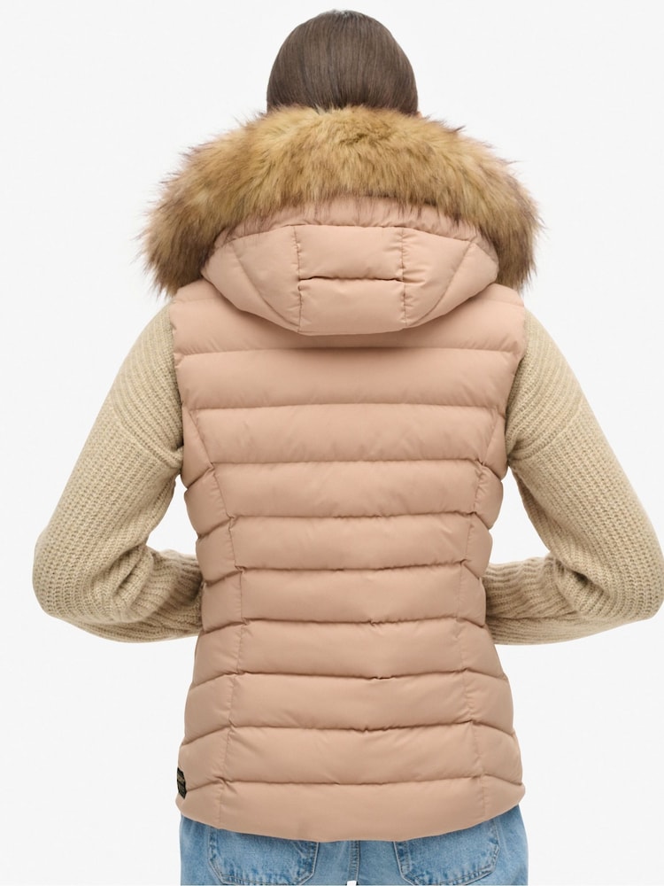 Superdry Winter Taupe Fuji Faux Fur Hooded Gilet - Image 2 of 5
