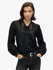 Superdry Black 100% Cotton Woven Lace Long Sleeve Blouse - Image 1 of 5