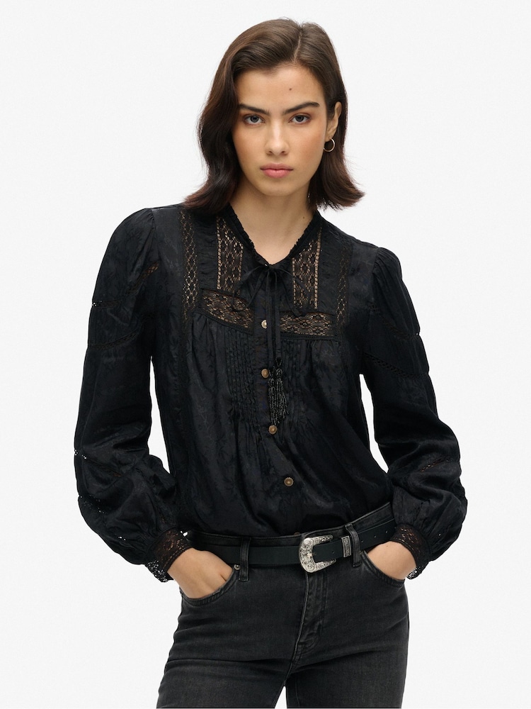 Superdry Black 100% Cotton Woven Lace Long Sleeve Blouse - Image 1 of 5