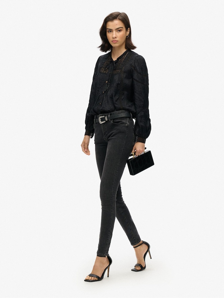 Superdry Black 100% Cotton Woven Lace Long Sleeve Blouse - Image 2 of 5