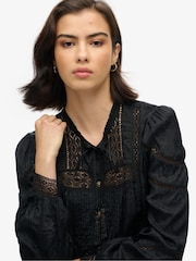 Superdry Black 100% Cotton Woven Lace Long Sleeve Blouse - Image 4 of 5