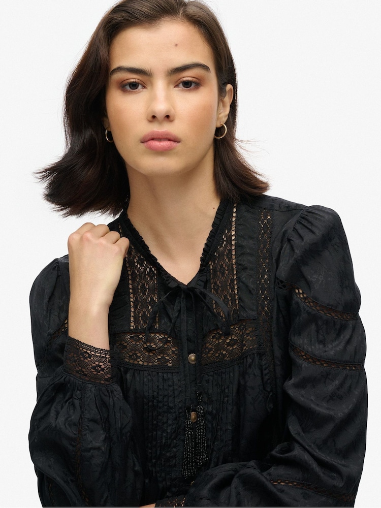 Superdry Black 100% Cotton Woven Lace Long Sleeve Blouse - Image 4 of 5