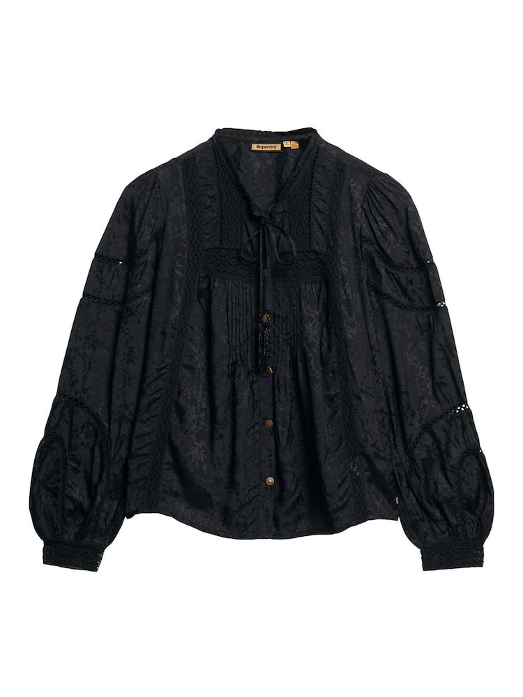 Superdry Black 100% Cotton Woven Lace Long Sleeve Blouse - Image 5 of 5