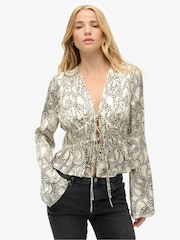 Superdry Cream 70s Sleeve Pleated Woven Top - Image 1 of 5