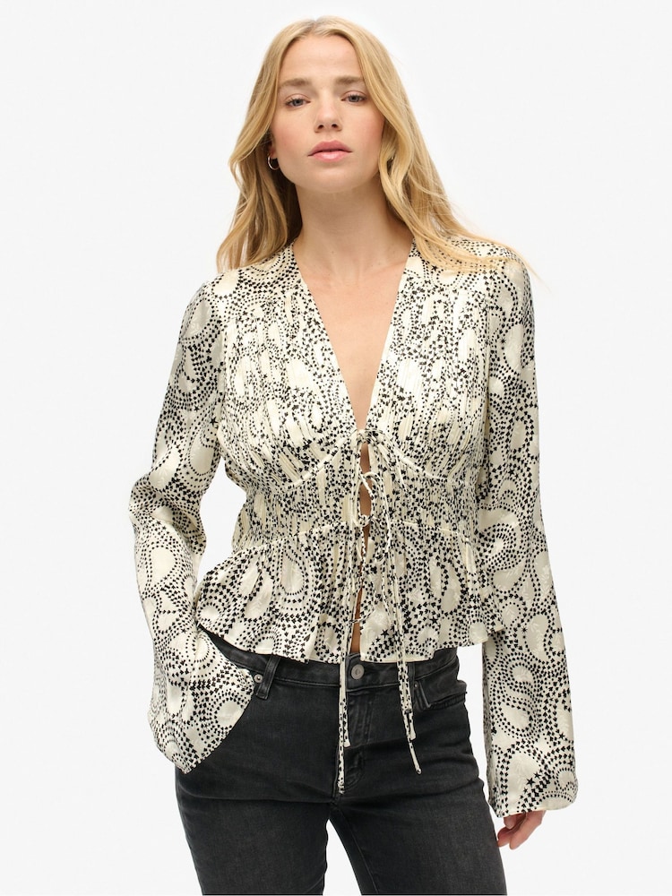 Superdry Cream 70s Sleeve Pleated Woven Top - Image 1 of 5