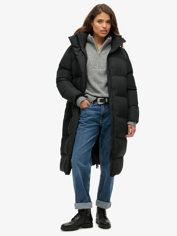 Superdry Black Longline Hooded Puffer Coats - Image 1 of 6