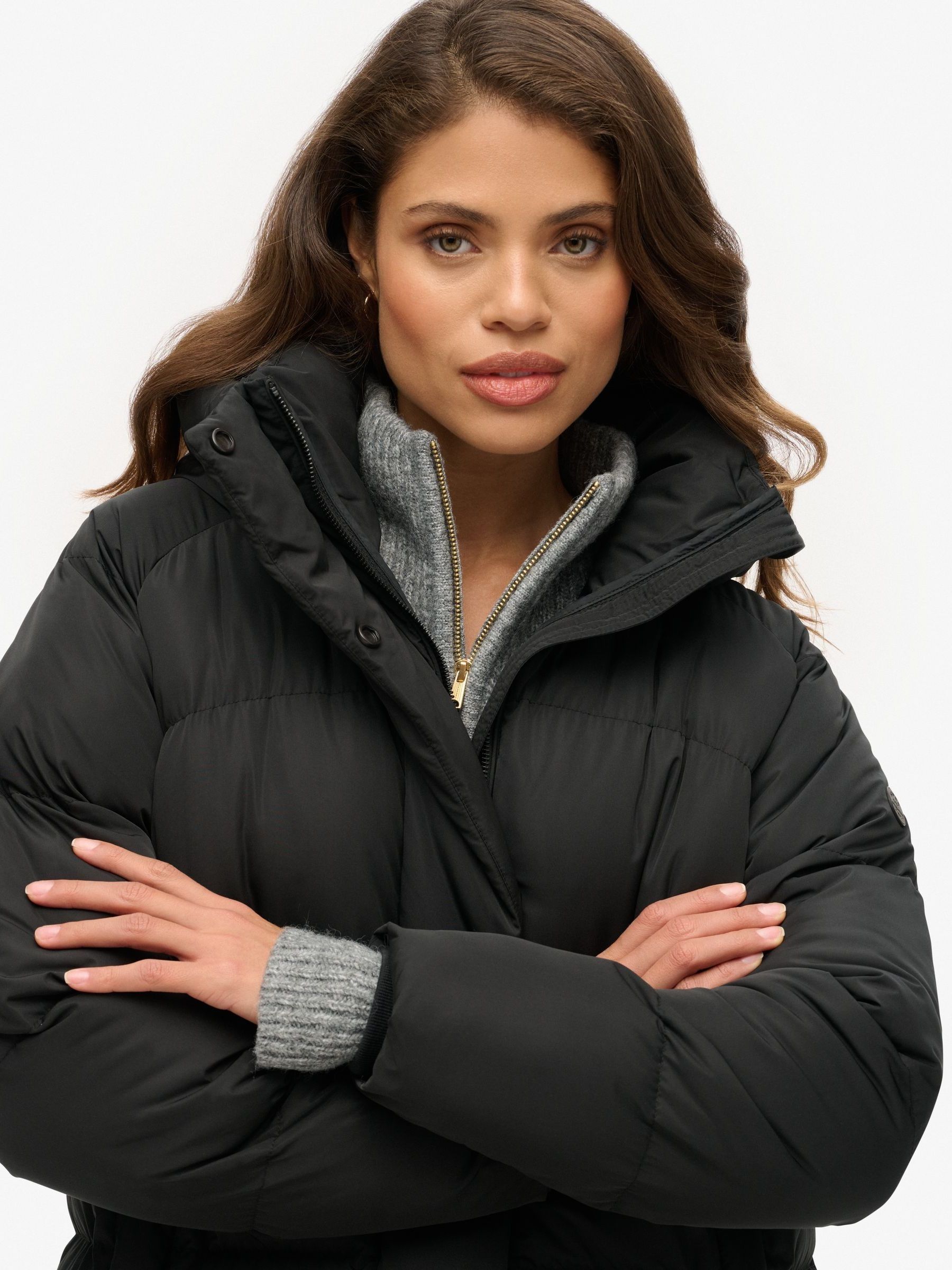 Superdry Black Longline Hooded Puffer Coats