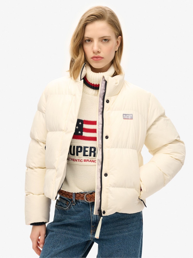 Superdry Off White Sports Puffer Cropped Jacket - Image 1 of 7