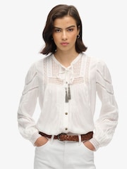 Superdry Off White 100% Cotton Woven Lace Long Sleeve Blouse - Image 1 of 5