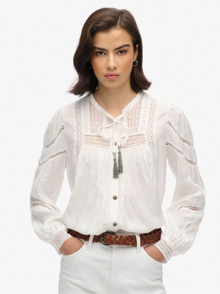 Superdry Off White 100% Cotton Woven Lace Long Sleeve Blouse - Image 1 of 5