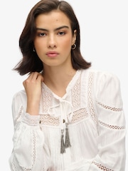 Superdry Off White 100% Cotton Woven Lace Long Sleeve Blouse - Image 3 of 5