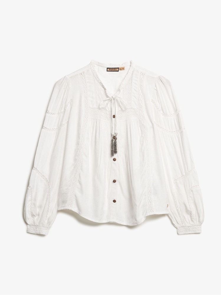 Superdry Off White 100% Cotton Woven Lace Long Sleeve Blouse - Image 4 of 5