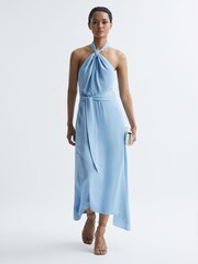 Reiss Blue Evelyn Fitted Halter Neck Midi Dress - Image 3 of 7