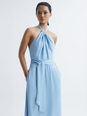 Reiss Blue Evelyn Fitted Halter Neck Midi Dress - Image 7 of 7
