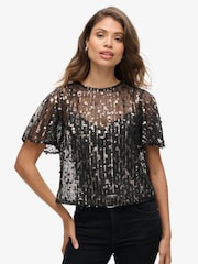 Superdry Grey Grit Sheer Short Sleeve Sequin Top - Image 1 of 5