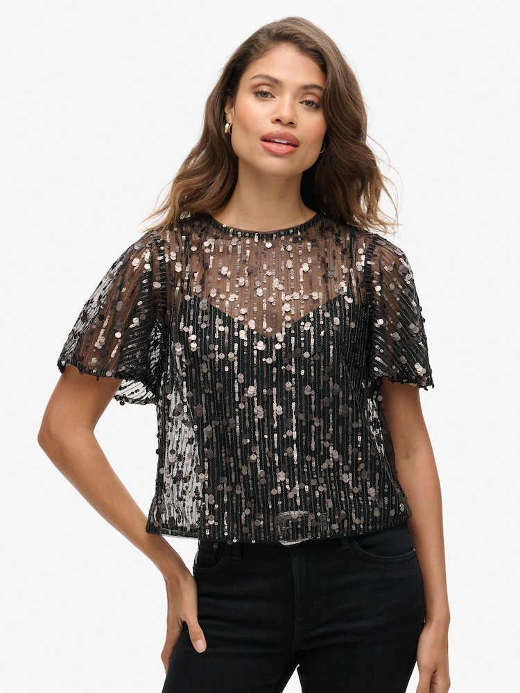 Superdry Grey Grit Sheer Short Sleeve Sequin Top - Image 1 of 5