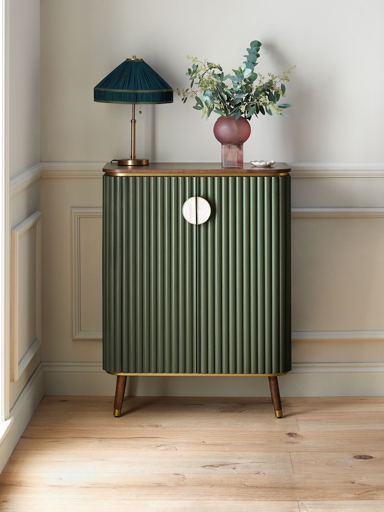 Clarke & Clarke Ribbed Green Mango Wood Calisto Drinks Cabinet - Image 1 of 8