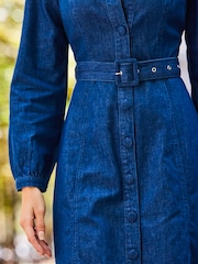 Sosandar Blue 100% Cotton Puff Sleeve Buckle Detail Denim Dress - Image 5 of 5