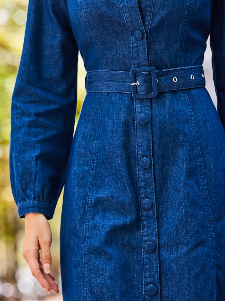 Sosandar Blue 100% Cotton Puff Sleeve Buckle Detail Denim Dress - Image 5 of 5
