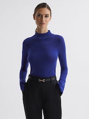 Reiss Blue Kylie Merino Wool Fitted Funnel Neck Top - Image 1 of 5