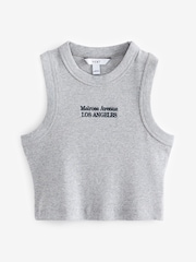 Grey Ribbed Shorter length Sleeveless Racer Vest Tank Top - Image 5 of 6