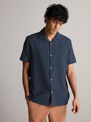 Navy Blue 100% Cotton Textured Waffle Short Sleeve Shirt - Image 1 of 7
