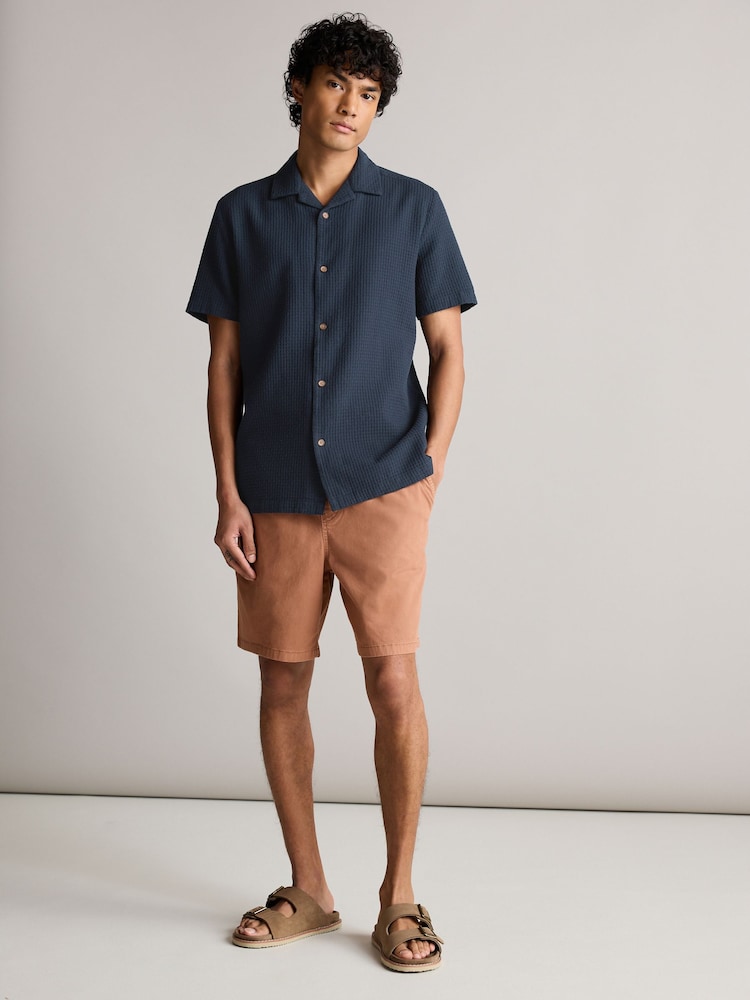 Navy Blue 100% Cotton Textured Waffle Short Sleeve Shirt - Image 2 of 7