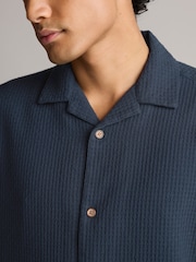 Navy Blue 100% Cotton Textured Waffle Short Sleeve Shirt - Image 4 of 7