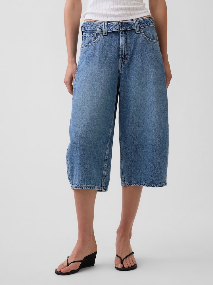 Medium Wash High Waisted Belted Barrel Culotte Jeans - Image 1 of 5 Medium Wash High Waisted Belted Barrel Culotte Jeans - Image 1 of 5