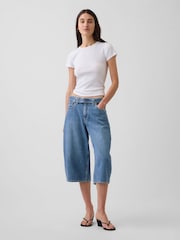 Medium Wash High Waisted Belted Barrel Culotte Jeans - Image 4 of 5