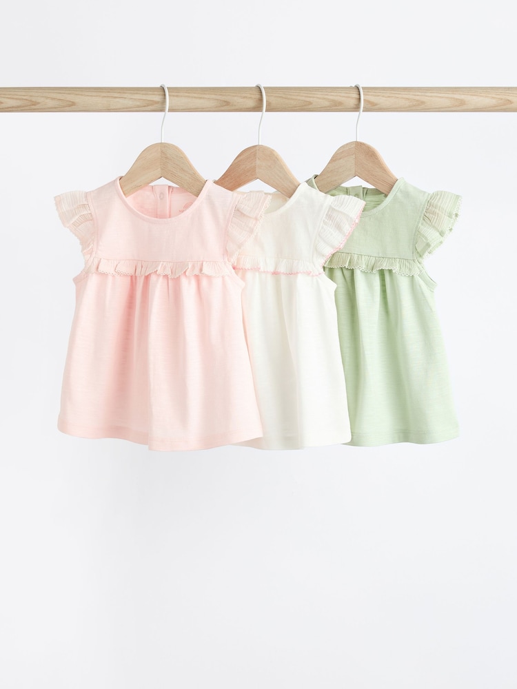 Green/Pink/White Short Sleeve 100% Cotton Baby Tops 3 Pack - Image 1 of 7
