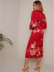 Chi Chi London Red V-Neck Puff Sleeve Floral Midi Dress - Image 2 of 3