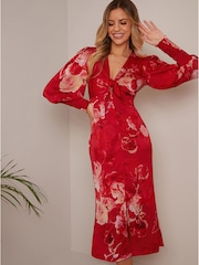 Chi Chi London Red V-Neck Puff Sleeve Floral Midi Dress - Image 3 of 3