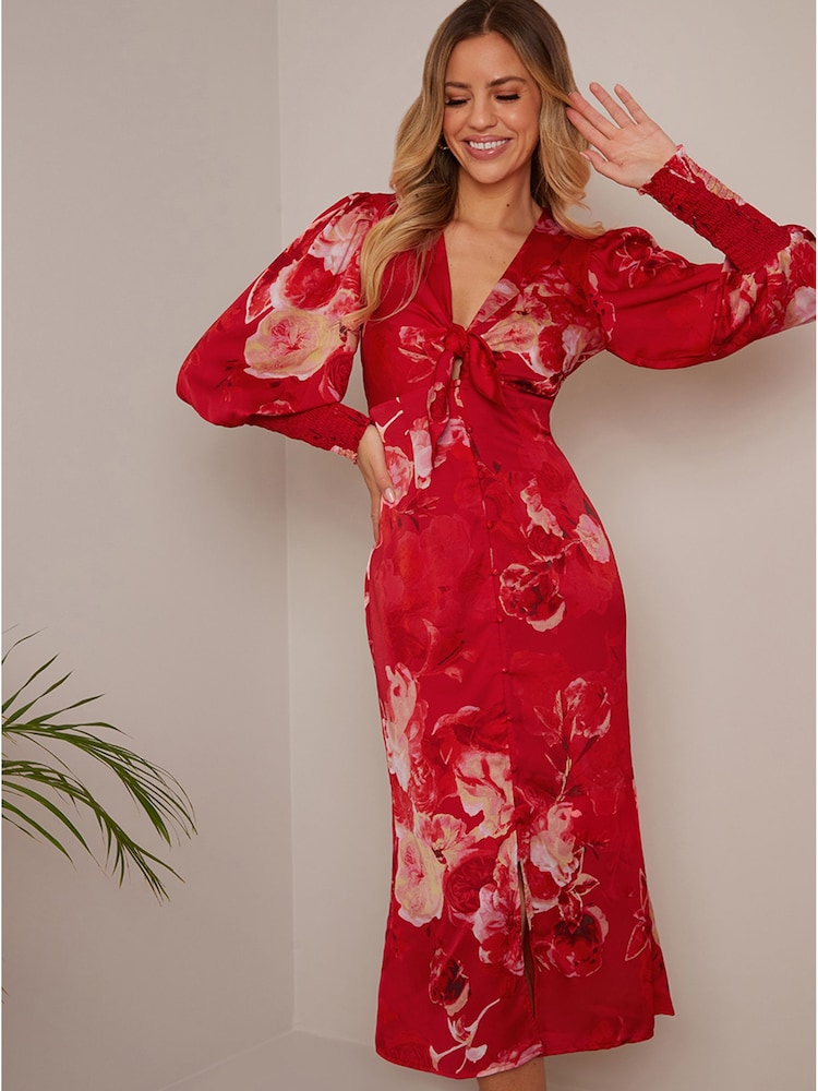 Chi Chi London Red V-Neck Puff Sleeve Floral Midi Dress - Image 3 of 3