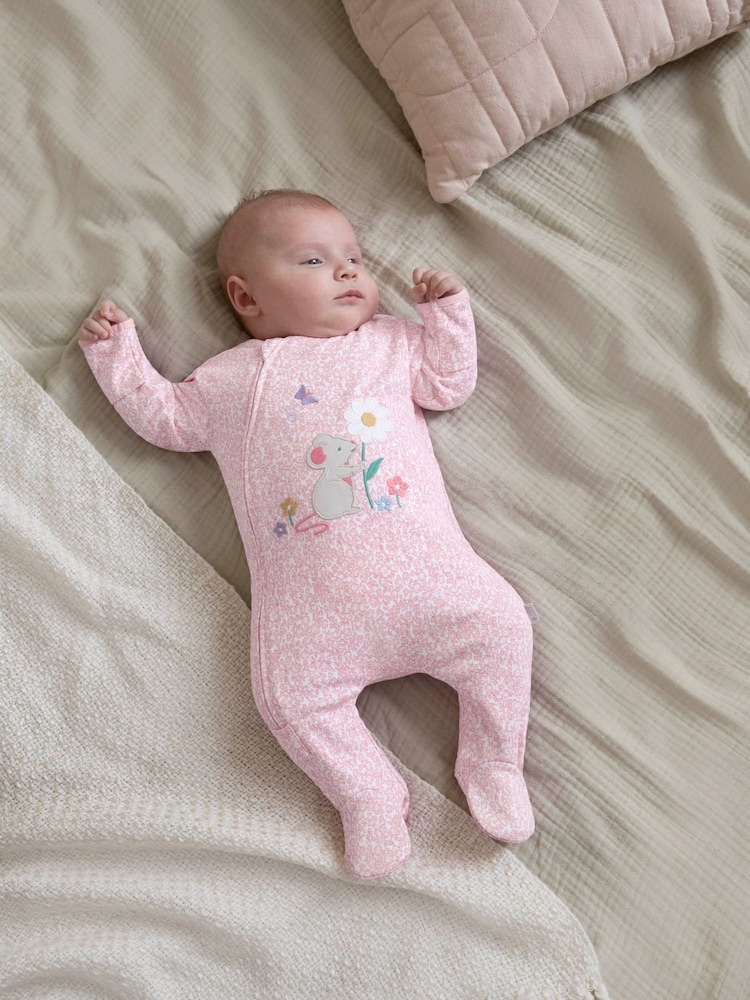 JoJo Maman Bébé Pink Mouse Appliqué Zip Cotton Baby Sleepsuit - Image 1 of 4