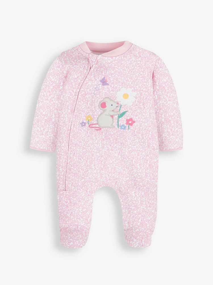 JoJo Maman Bébé Pink Mouse Appliqué Zip Cotton Baby Sleepsuit - Image 2 of 4