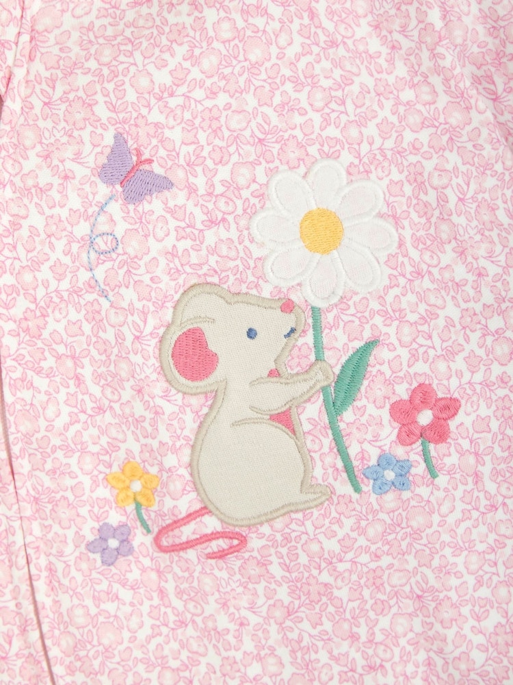 JoJo Maman Bébé Pink Mouse Appliqué Zip Cotton Baby Sleepsuit - Image 4 of 4