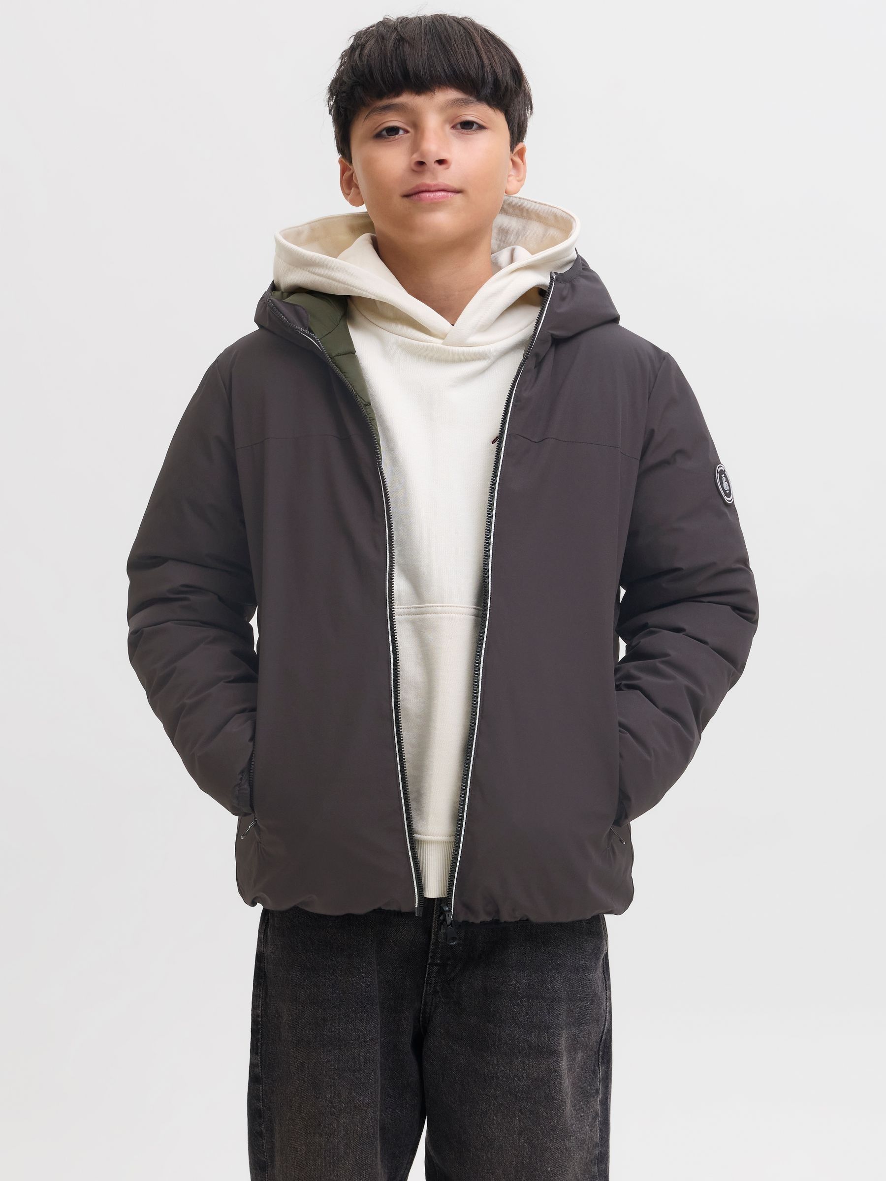 Jack & Jones Junior Boys Black Hooded Reversible Jacket